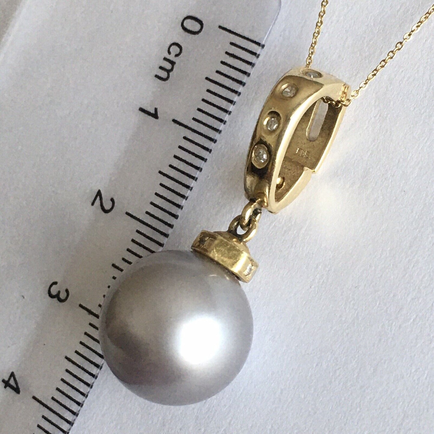 14k Real Yellow Gold Natural Gray South Sea Pearl Diamonds Pendant Perfect Round