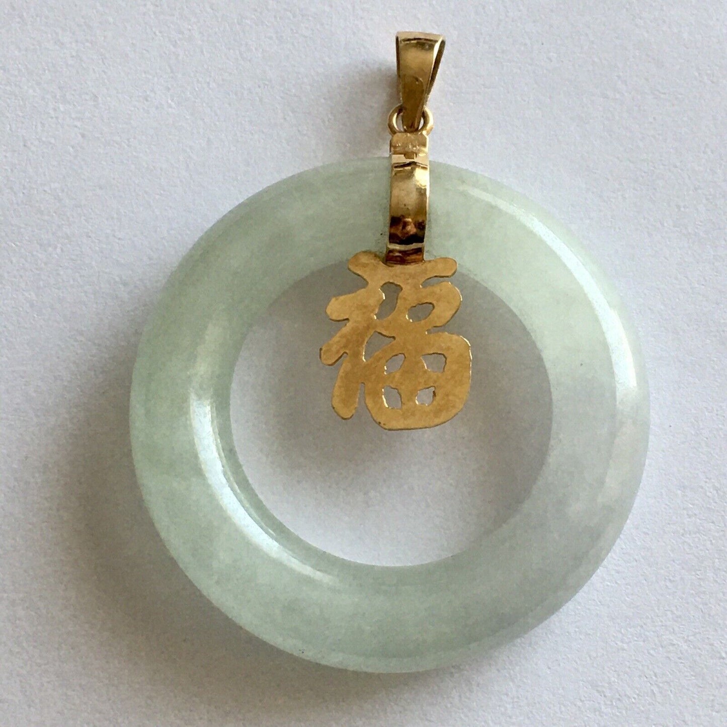 14k Real Yellow Gold Big Circle Natural Green Jade Pendant Lucky Happiness 10.8g