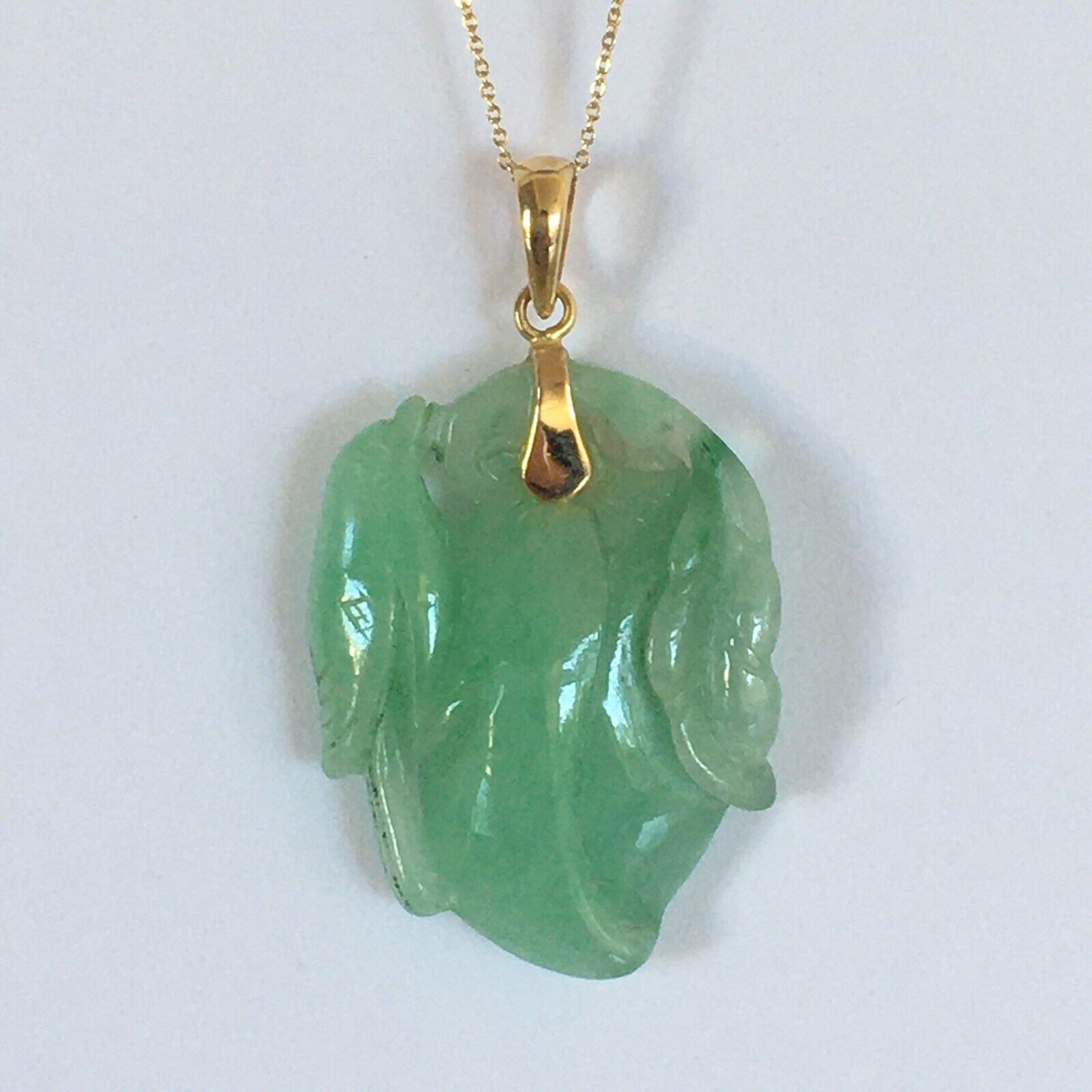 P-4040 New 14k Solid Yellow Gold Natural Quality Green Jade Pendant HandCut Pear