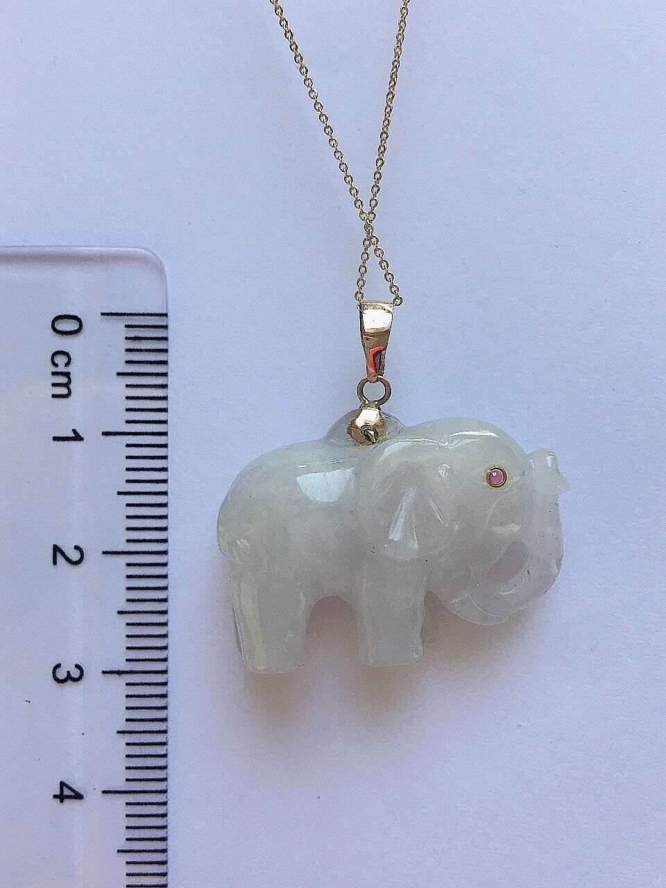 P-2850 New 14k Solid Yellow Gold Natural White Jade Elephant Pendant Ruby Eyes