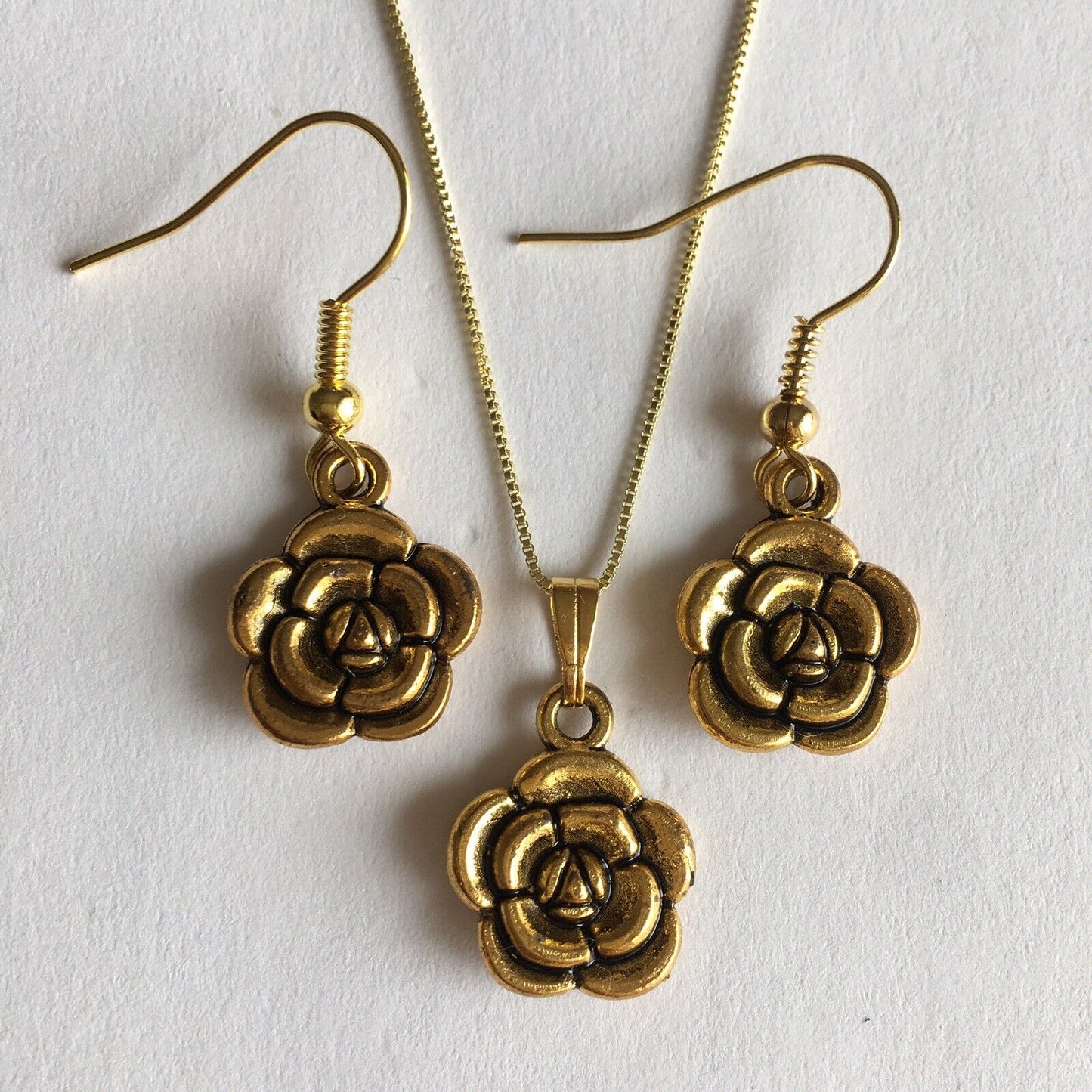 Earrings Pendant Necklace Set Double Side Rose Flower Gift Set