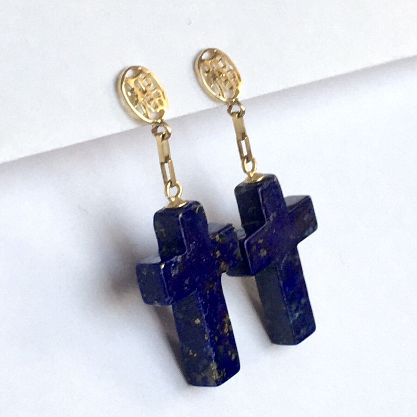 New 14k Solid Yellow Gold Y/G Cross Lapis Earrings, Studs, Dangling, Gemstones