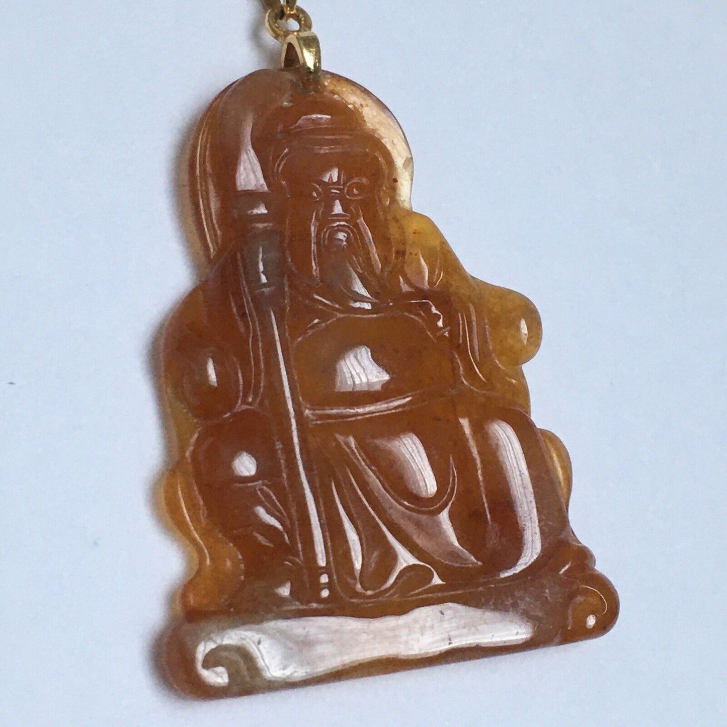 18k Solid Yellow Gold Natural Brown Jade Pendant Lucky Buddha 3.2g Hand Carved