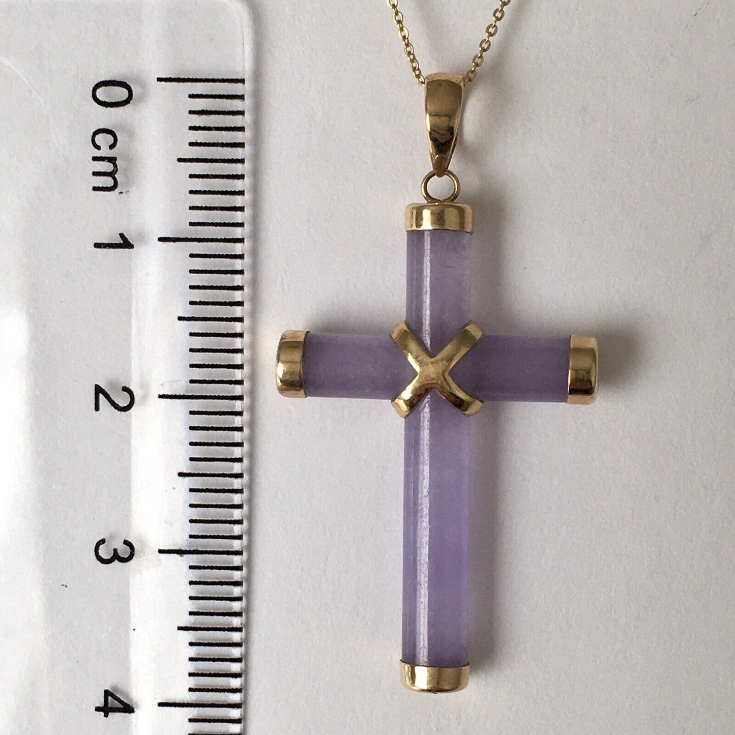 New 14k Solid Yellow Gold Purple Lavender Natural Jade Pendant Good Luck Cross