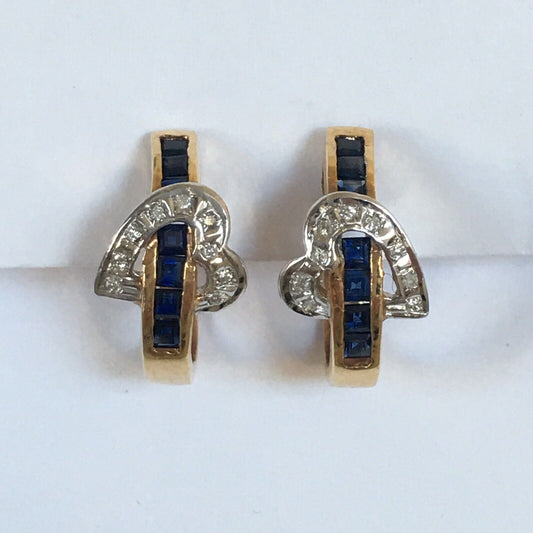 Q0230, New 14k Solid Yellow Gold Genuine Sapphire Post Earrings Natural Diamond