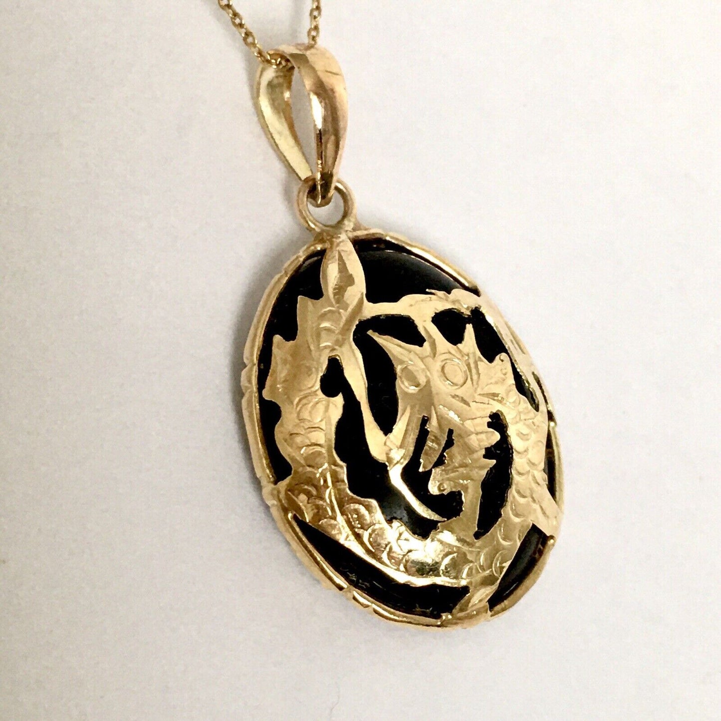 New 14k Solid Yellow Gold Black Onyx Pendant For Necklace, Powerful Dragon 2.5G