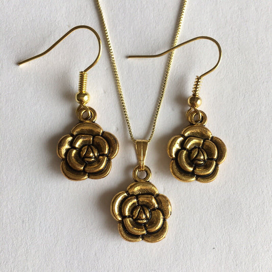 Earrings Pendant Necklace Set Double Side Rose Flower Gift Set