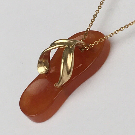 New 14k Solid Yellow Gold Brown Red Jade Pendant Good Luck Flip Flop