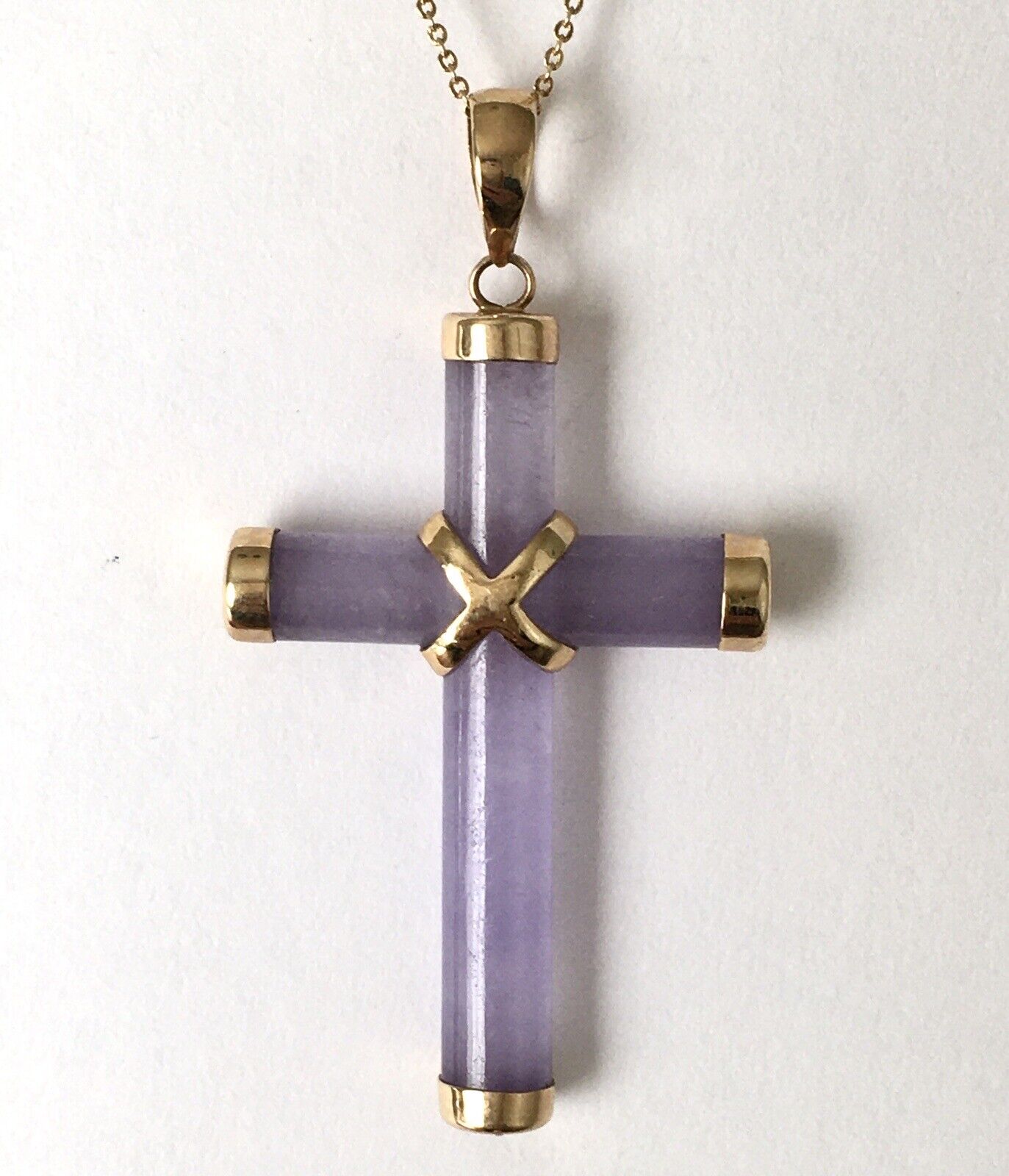 New 14k Solid Yellow Gold Purple Lavender Natural Jade Pendant Good Luck Cross