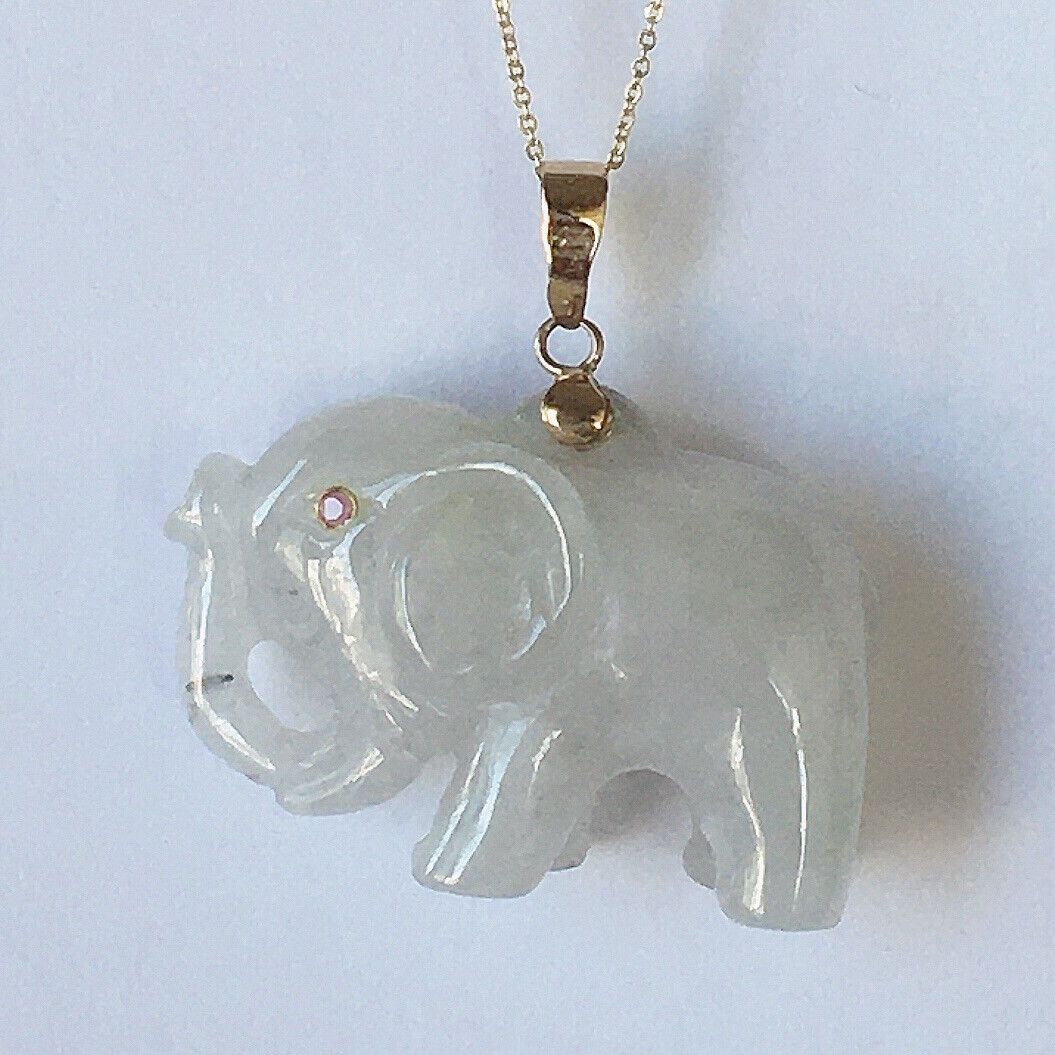 P-2850 New 14k Solid Yellow Gold Natural White Jade Elephant Pendant Ruby Eyes