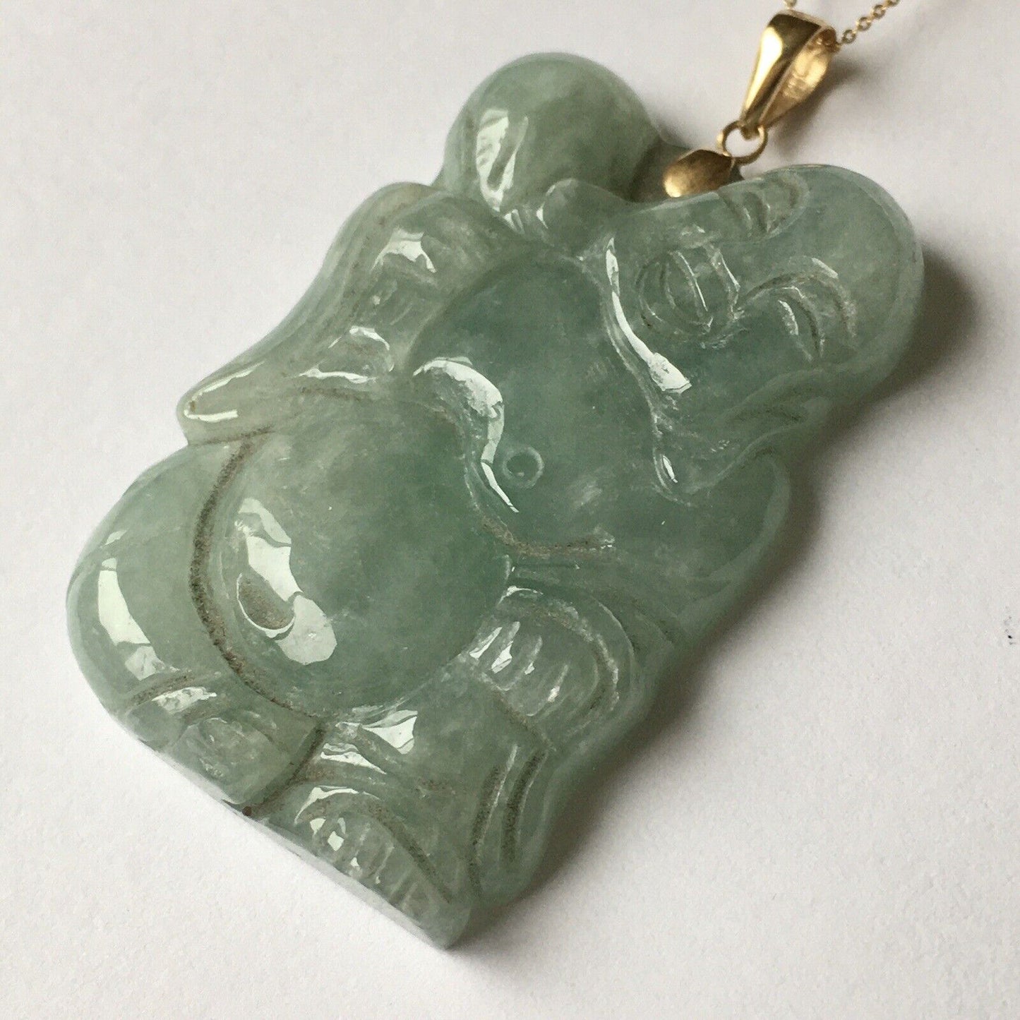 New 14k Solid Yellow Gold Big Natural Green Jade Pendant Lucky Buddha 18.8g