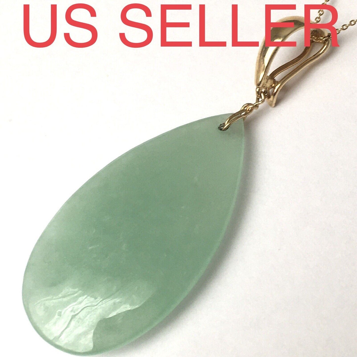 New 14k Solid Yellow Gold Natural Green Jade Teardrop Pendant Good Luck 6.3g