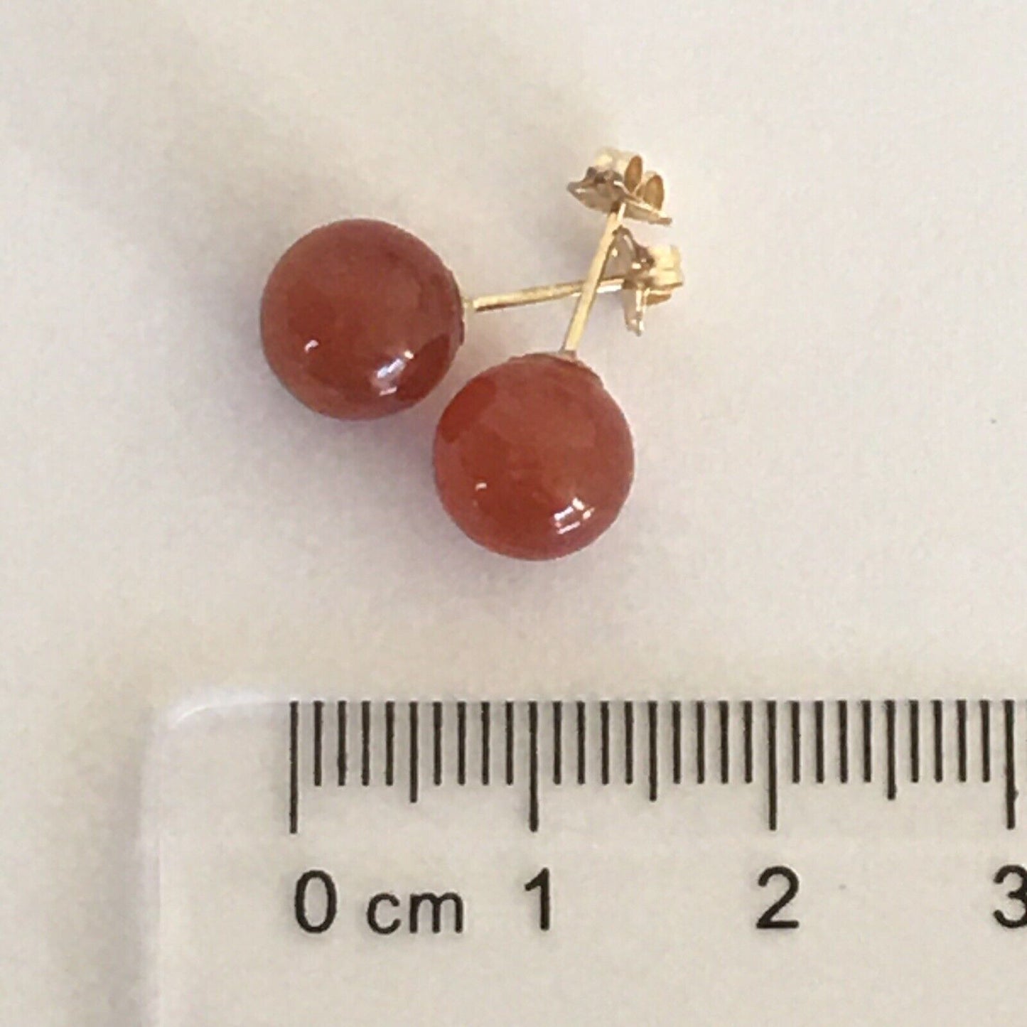 P-5203, New 14k Solid Yellow Gold Natural Red Jade Ball Earrings Studs 8mm