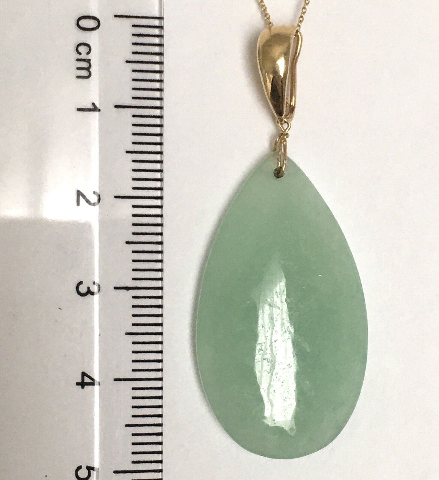 New 14k Solid Yellow Gold Natural Green Jade Teardrop Pendant Good Luck 6.3g