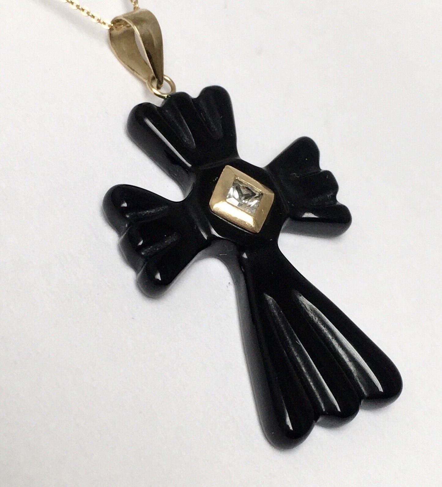 New 14k Real Solid Yellow Gold Black Onyx Diamond Pendant Good Luck Cross