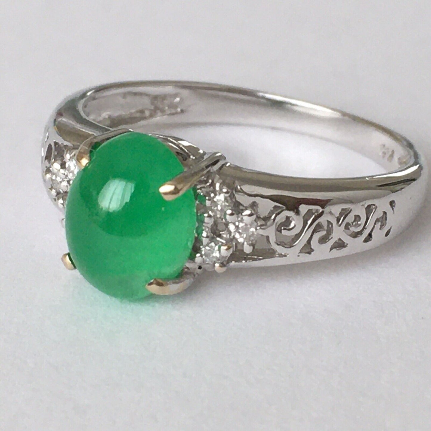 New Natural 14k Solid White Gold Quality Green Jade Diamonds Ring SZ-7.5