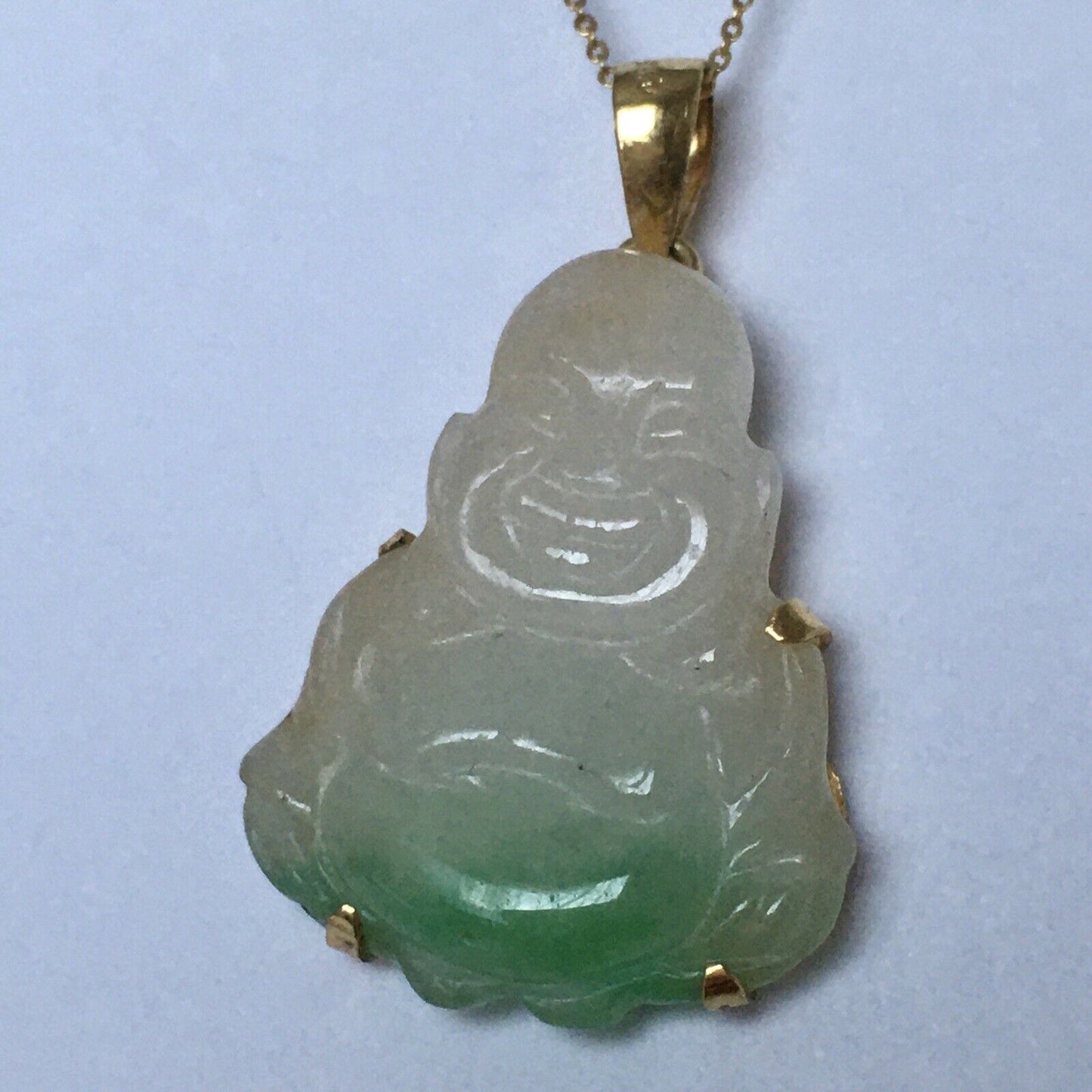 New 18k Solid Yellow Gold Natural Green White Jade Pendant Lucky Buddha 3.2g