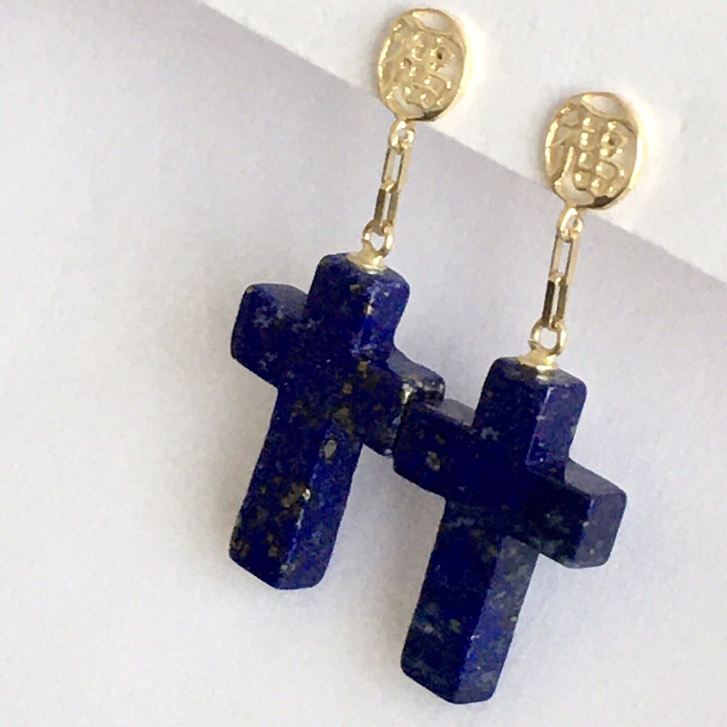 New 14k Solid Yellow Gold Y/G Cross Lapis Earrings, Studs, Dangling, Gemstones