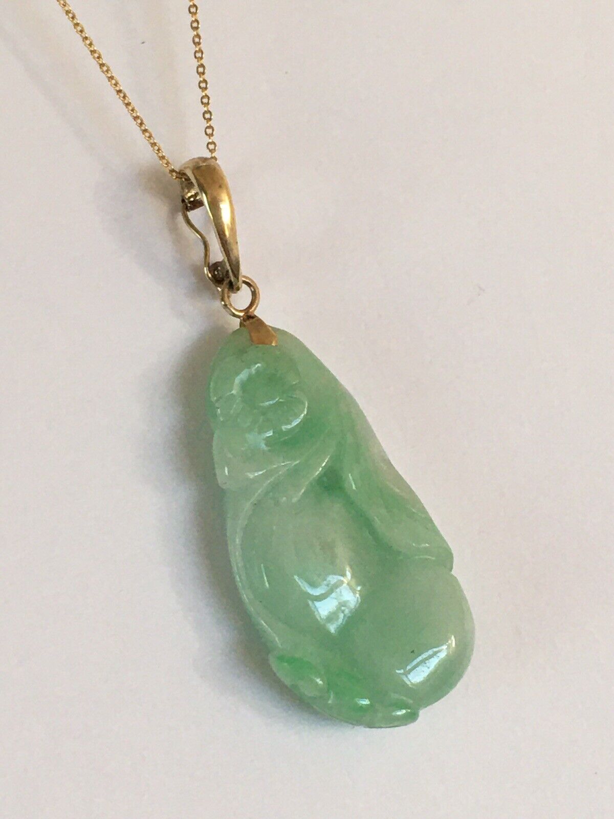 P-4840 New 14k Solid Yellow Gold Natural Quality Green Jade Pendant LuckyFlower