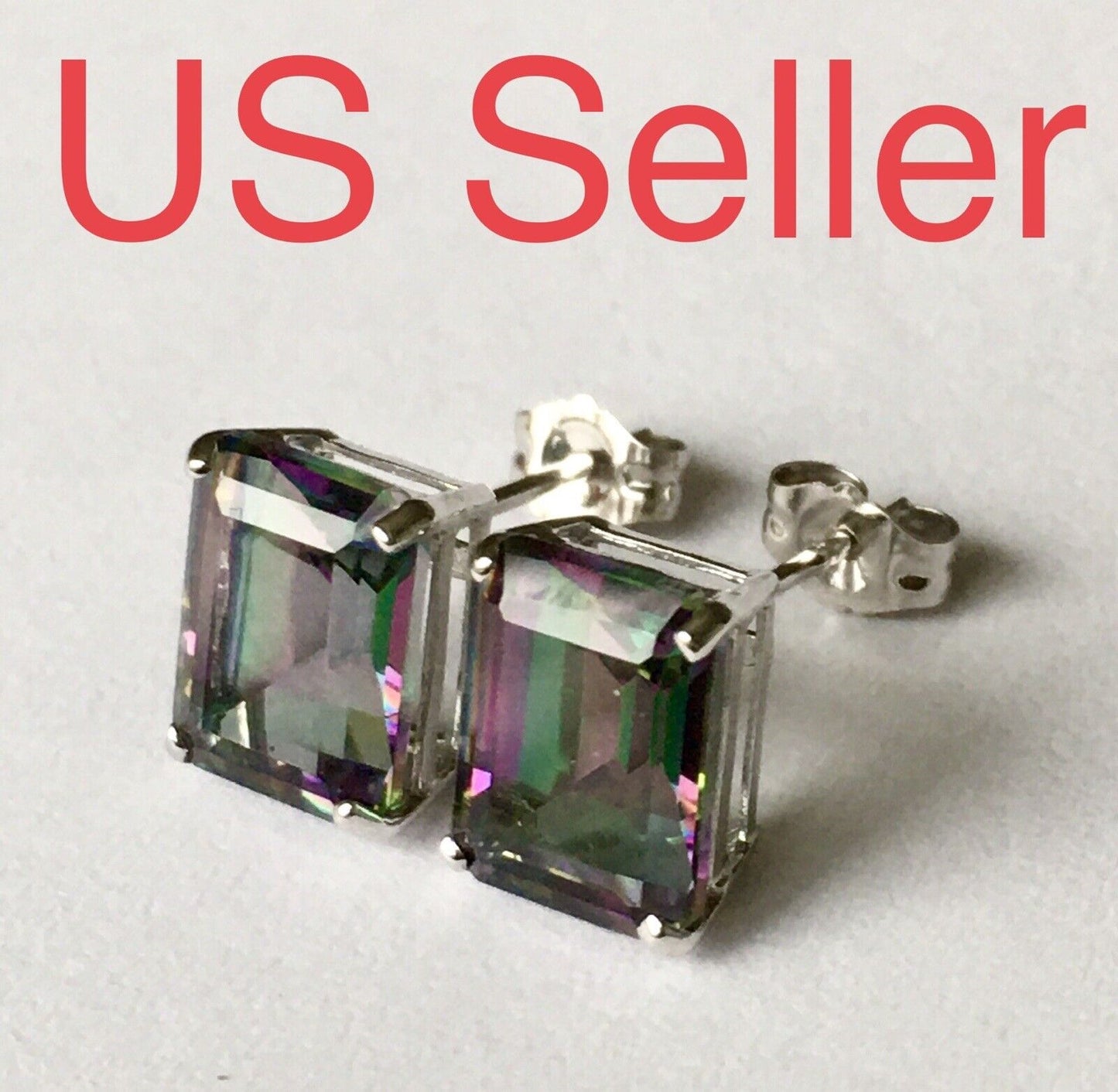 New 14k Yellow Gold Rainbow Mystic Topaz Studs Earrings Gemstone 7*9mm Emerald