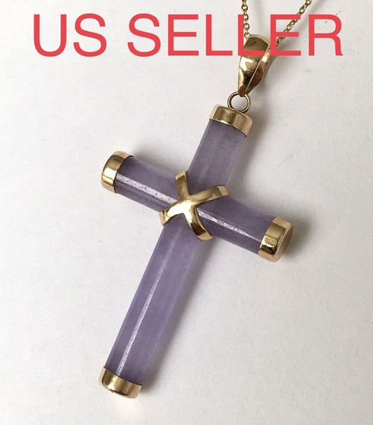 New 14k Solid Yellow Gold Purple Lavender Natural Jade Pendant Good Luck Cross