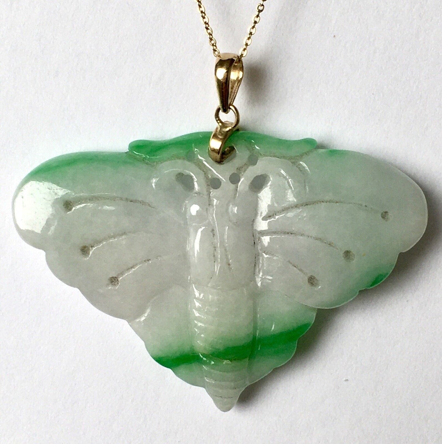 New 14k Solid Yellow Gold Natural White Green Jade Pendant Good Luck Butterfly