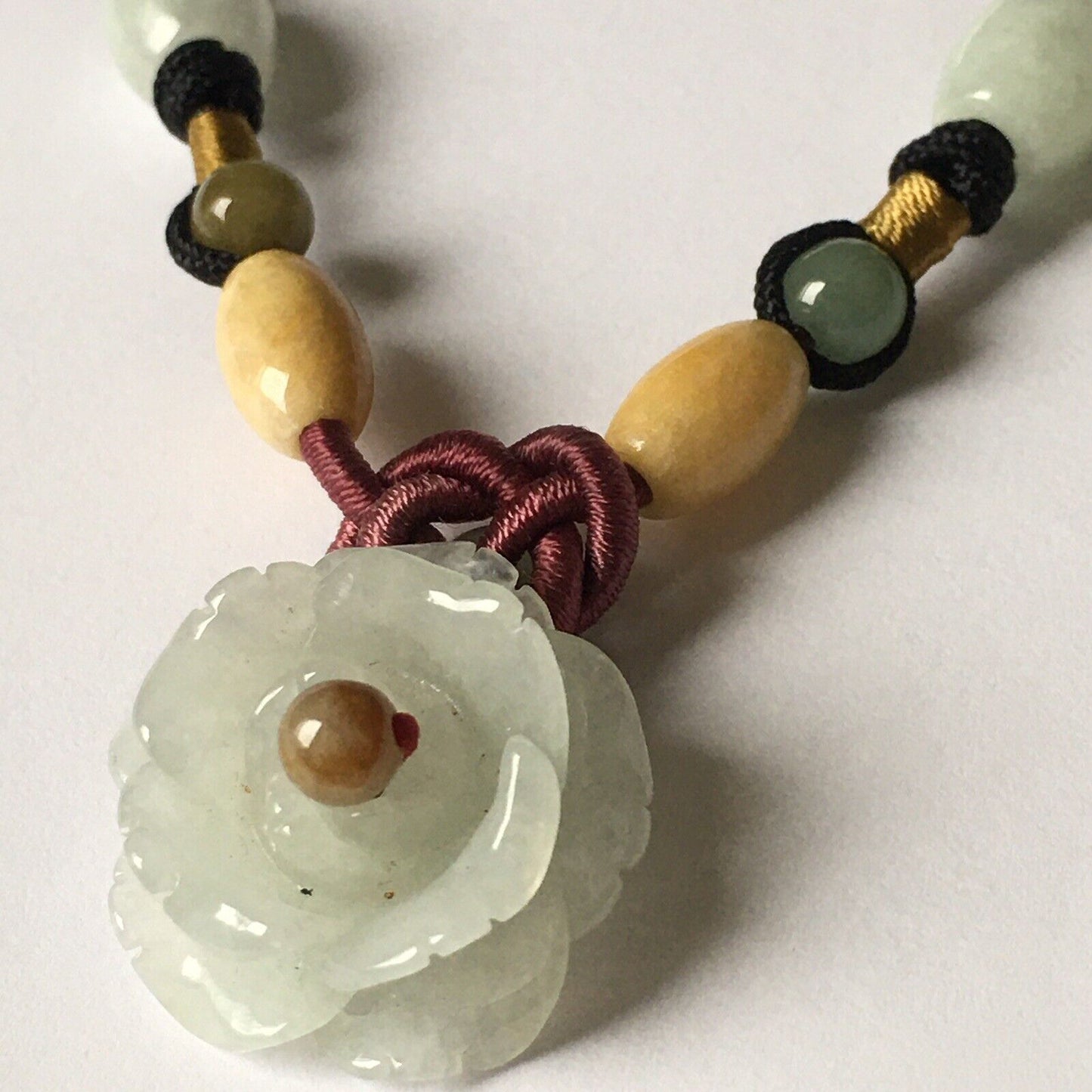 N-103 Macrame Handmade Genuine Carved Flower Jade Necklace adjustable 16~22”