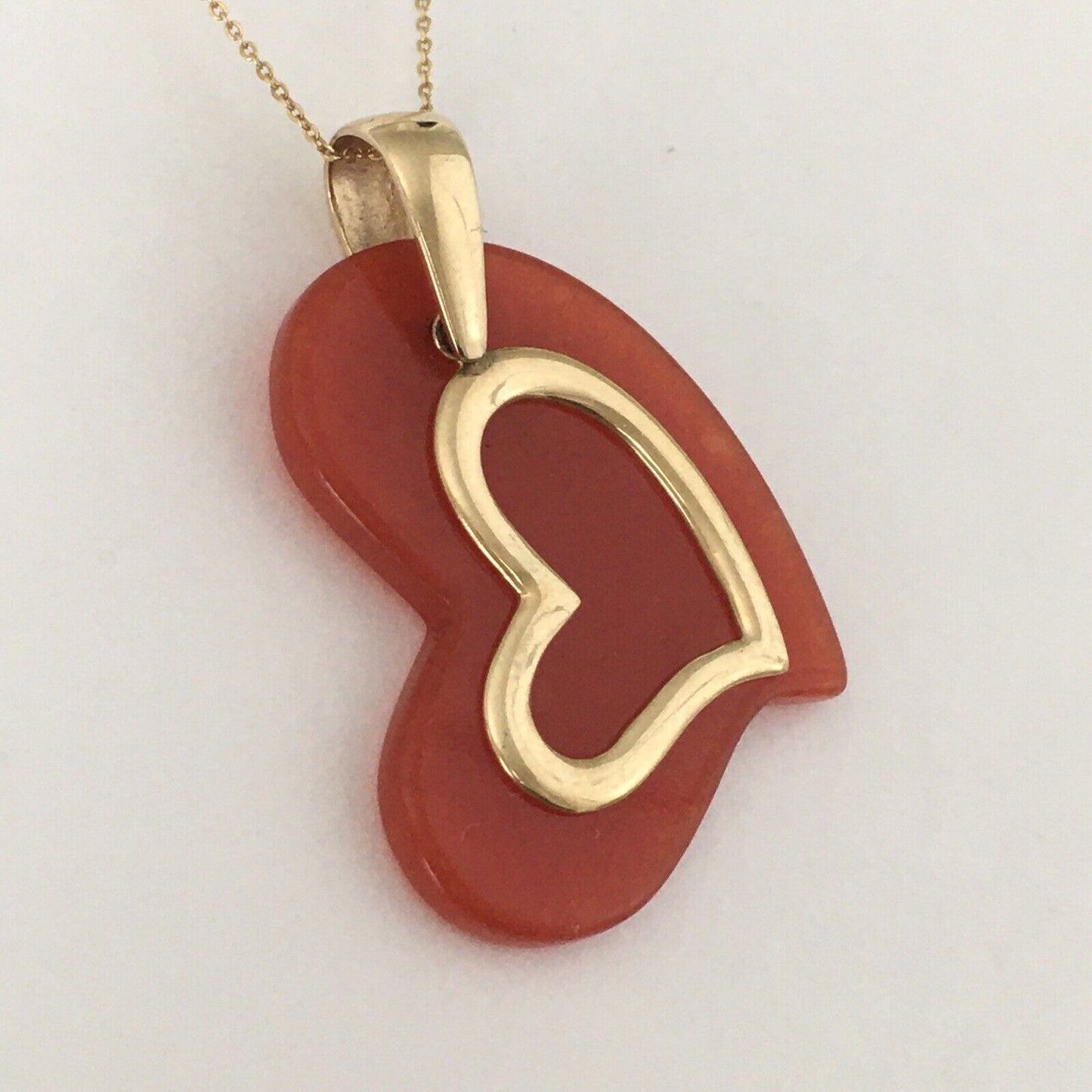 New 14k Solid Yellow Gold Natural Red Jade Love Heart Pendant Good Luck 4.0g