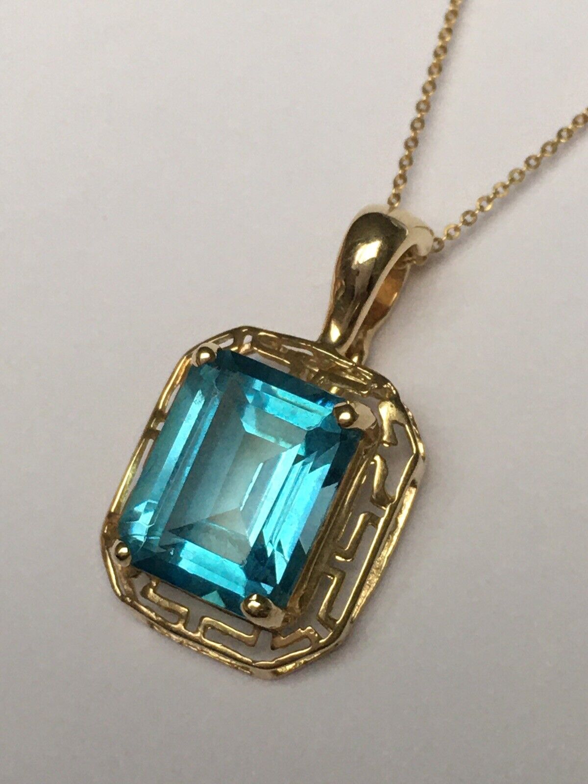 New 14k Solid yellow Gold Y/G Blue Topaz Pendant, 12*14mm, Emerald, P-067012.