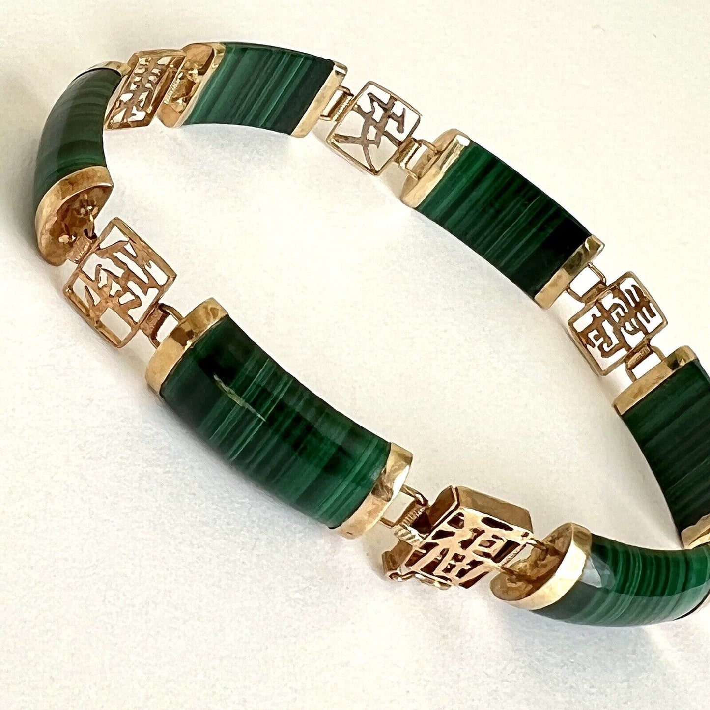 New 14k Solid Yellow Gold malachite Bamboo Bracelet 7.5” Lucky Money Safe