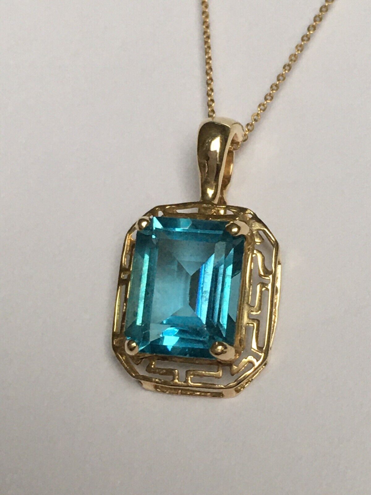 New 14k Solid yellow Gold Y/G Blue Topaz Pendant, 12*14mm, Emerald, P-067012.