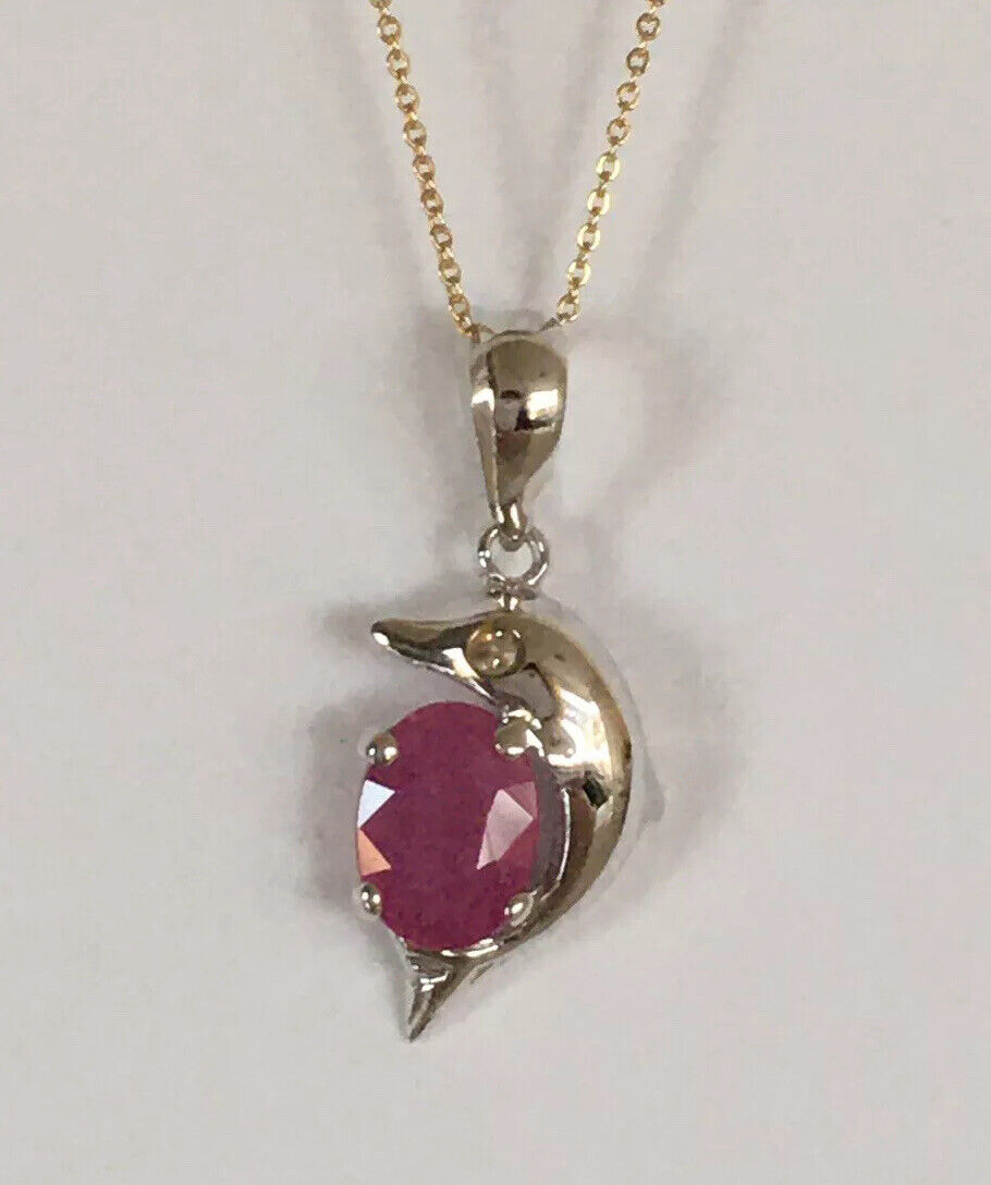 P-0560 New 14k Solid White Gold Genuine Oval Ruby Pendant With Diamond Dolphin