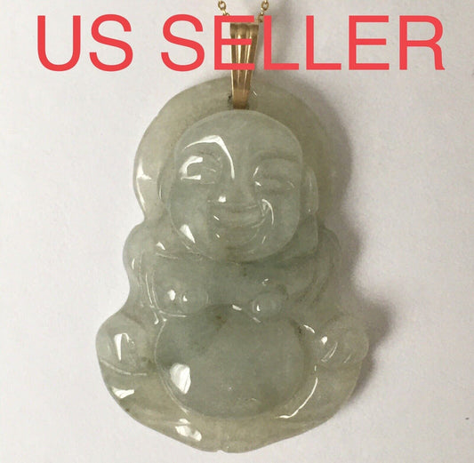 New 14k Solid Yellow Gold Natural Quality Green Jade Pendant Lucky Buddha 7.1g