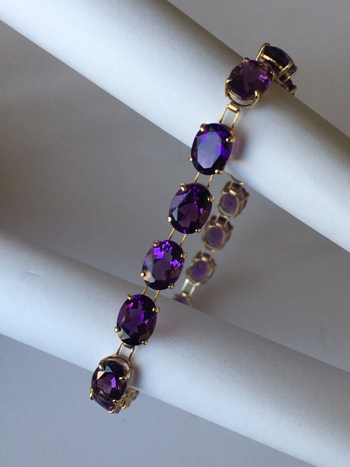 P057011, New 14k Marked Solid Yellow Gold Amethyst Bracelet, 7.5”, 6*8mm/stone