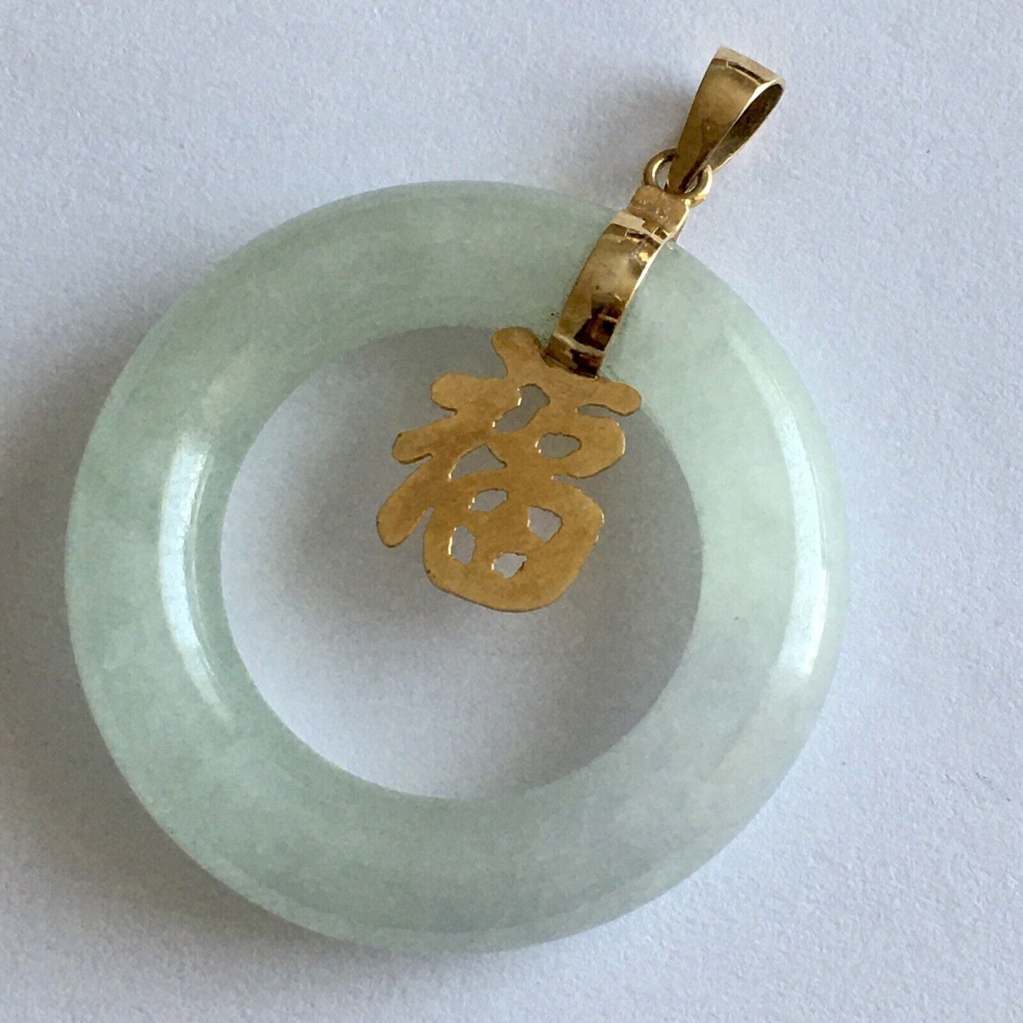 14k Real Yellow Gold Big Circle Natural Green Jade Pendant Lucky Happiness 10.8g