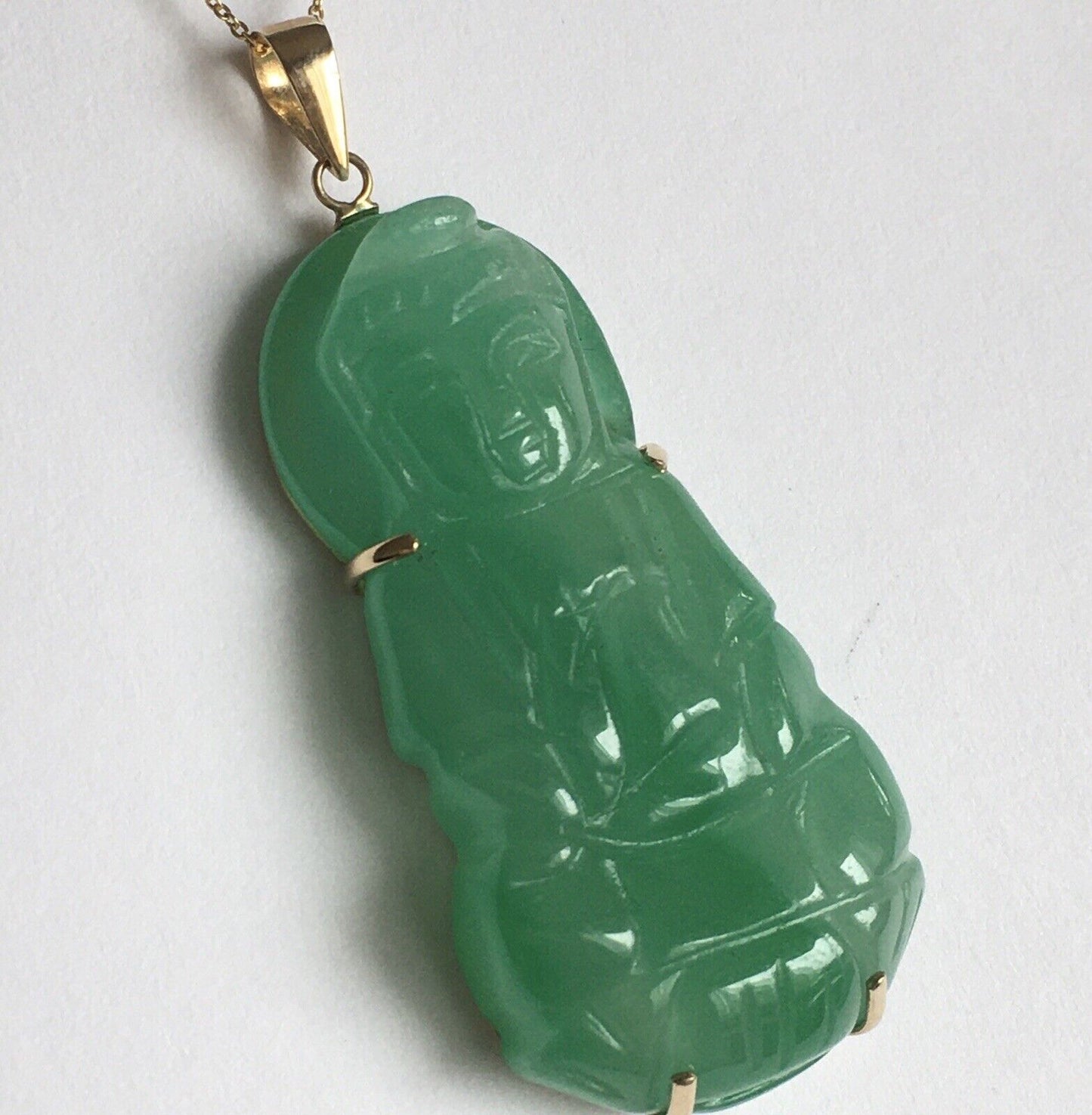 New 18k Solid Yellow Gold Natural Green Jade Pendant Lucky Guanyin Buddha 10.8g