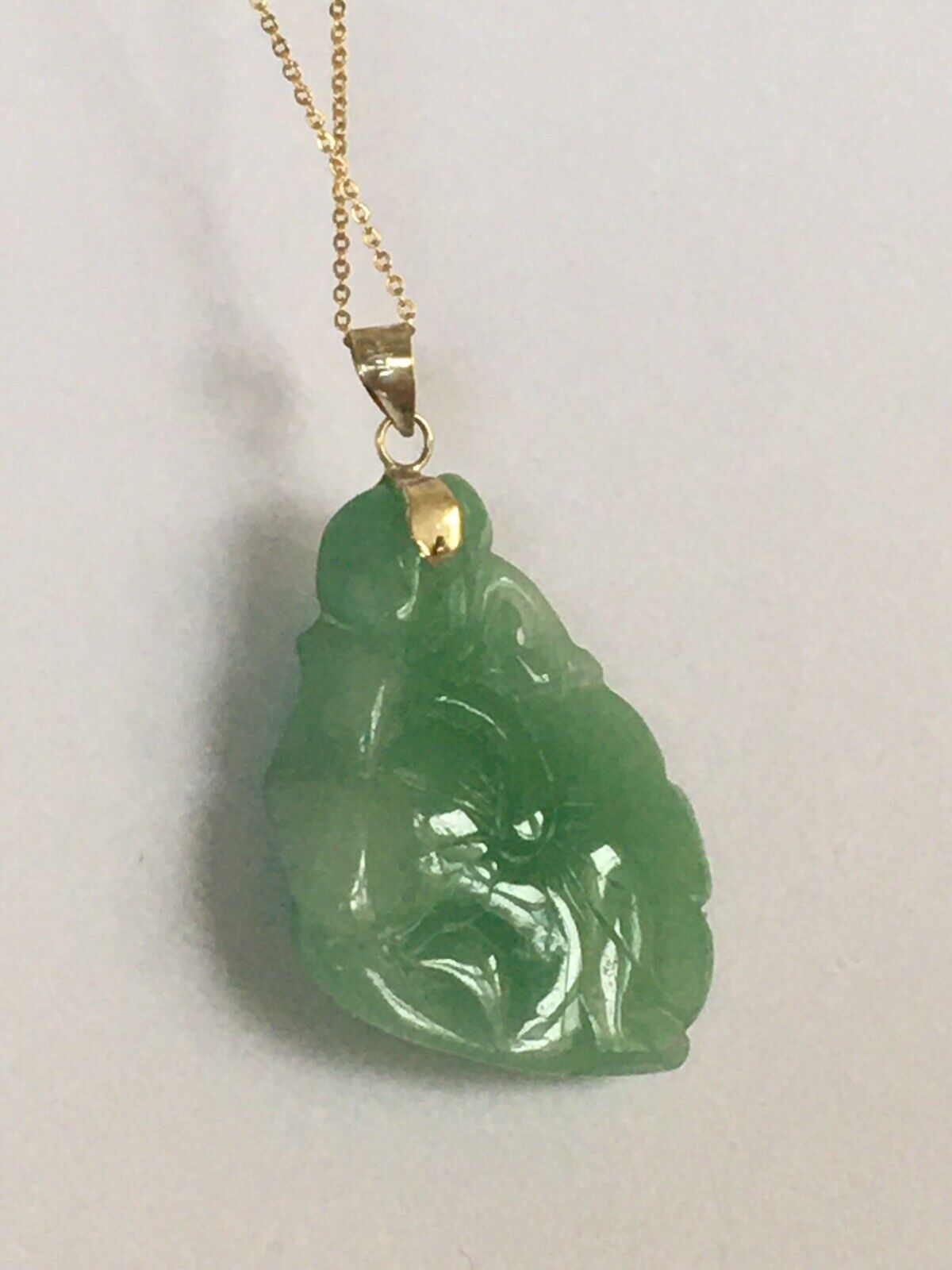 P-4730 New 14k Solid Yellow Gold Natural Quality Green Jade Pendant LuckyFlower