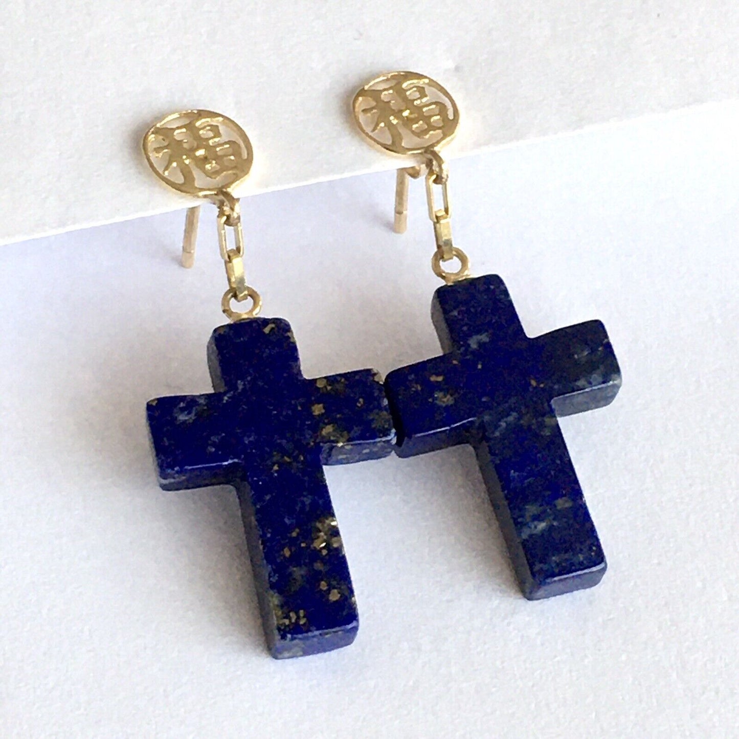 New 14k Solid Yellow Gold Y/G Cross Lapis Earrings, Studs, Dangling, Gemstones