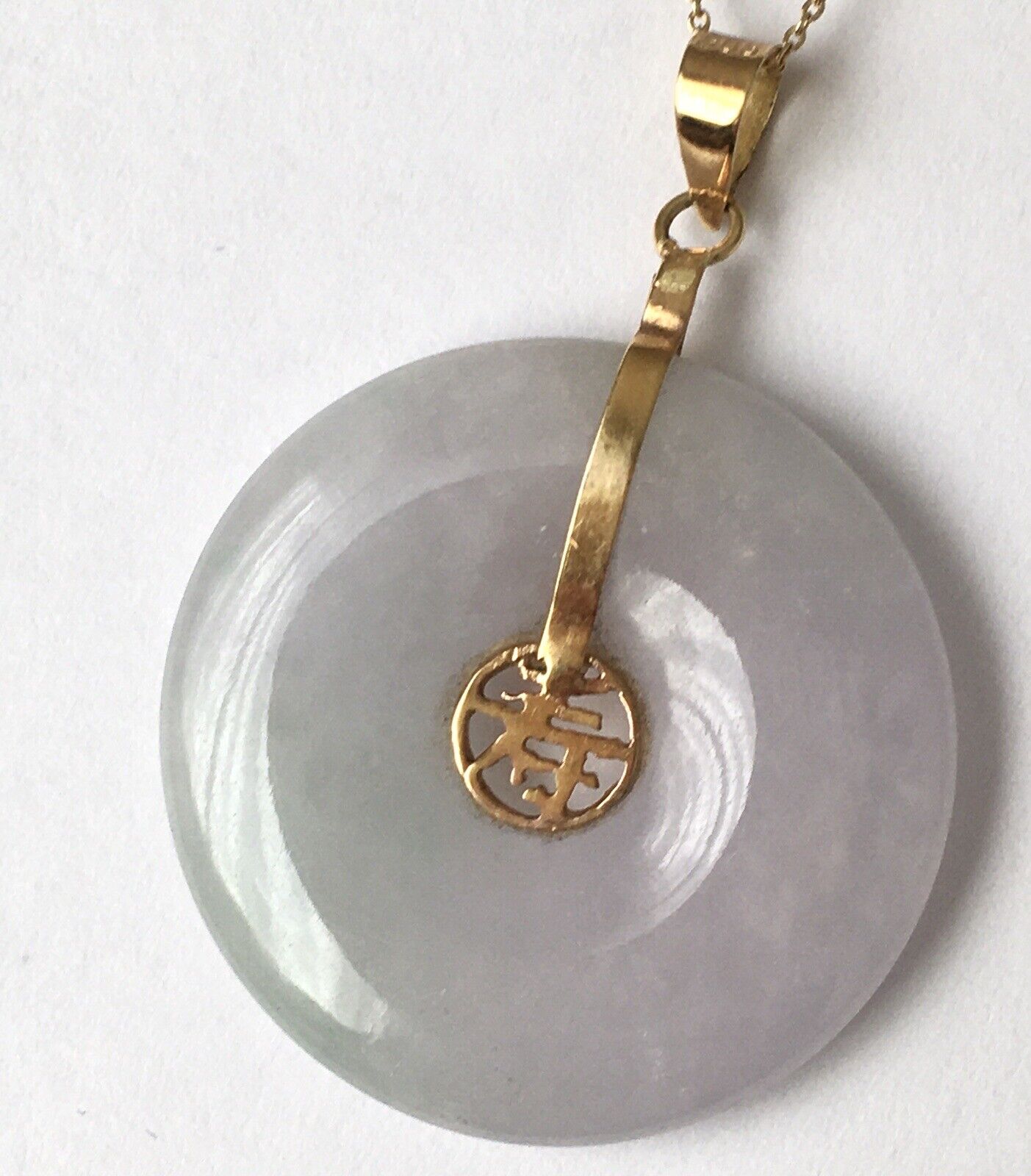 New 14k Solid Yellow Gold National Circle White Jade Pendant Luck Long Life 4.8g