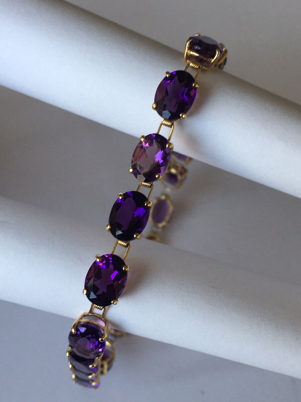 P057011, New 14k Marked Solid Yellow Gold Amethyst Bracelet, 7.5”, 6*8mm/stone