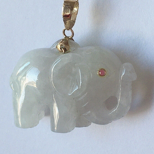 P-2850 New 14k Solid Yellow Gold Natural White Jade Elephant Pendant Ruby Eyes