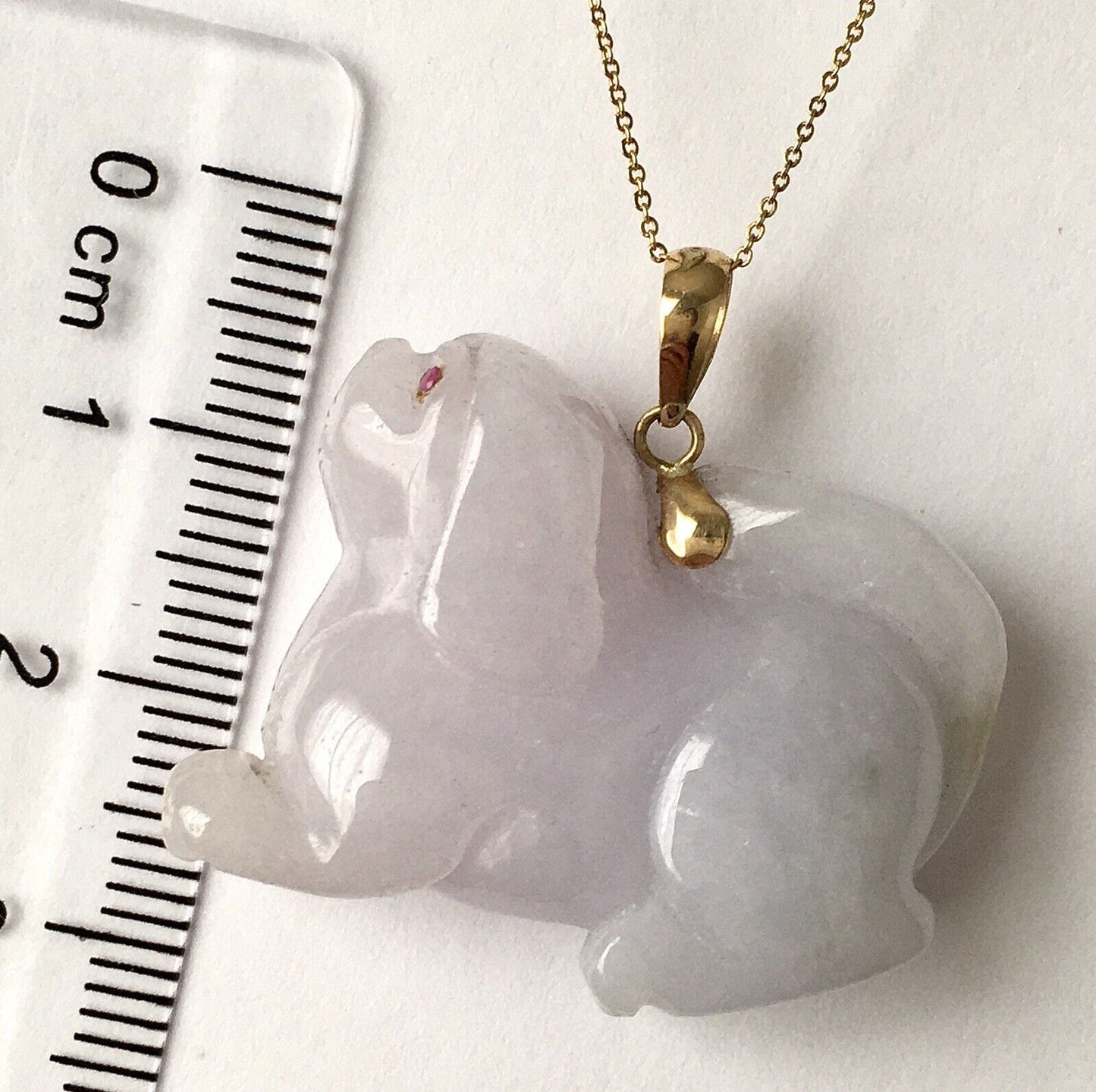 14k Solid Yellow Gold Natural Lavender Jade Pendant Ruby Eyes 3D Dog Carved