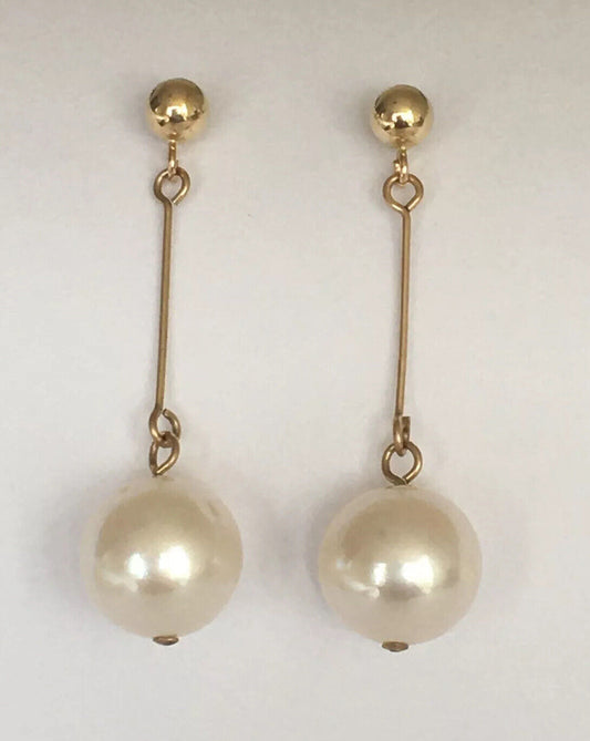 P-6152, 14k Solid Yellow Gold Natural White South Sea Pearl Earrings Dangling