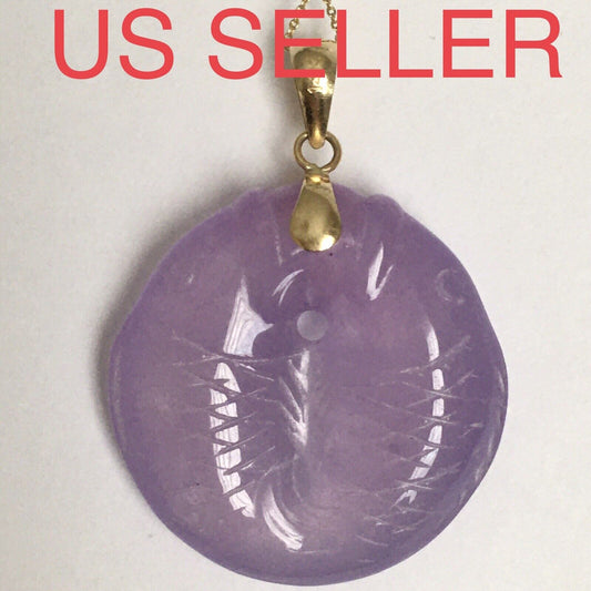 14k Solid Yellow Gold Natural Lavender Jade Pendant Double Side Hand Carved Fish