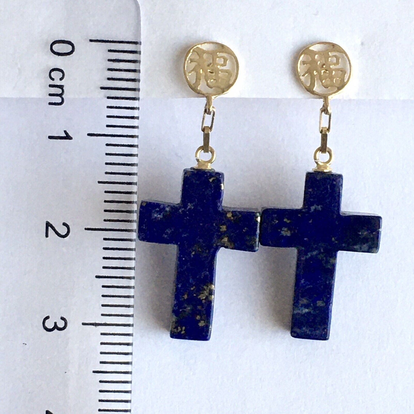 New 14k Solid Yellow Gold Y/G Cross Lapis Earrings, Studs, Dangling, Gemstones