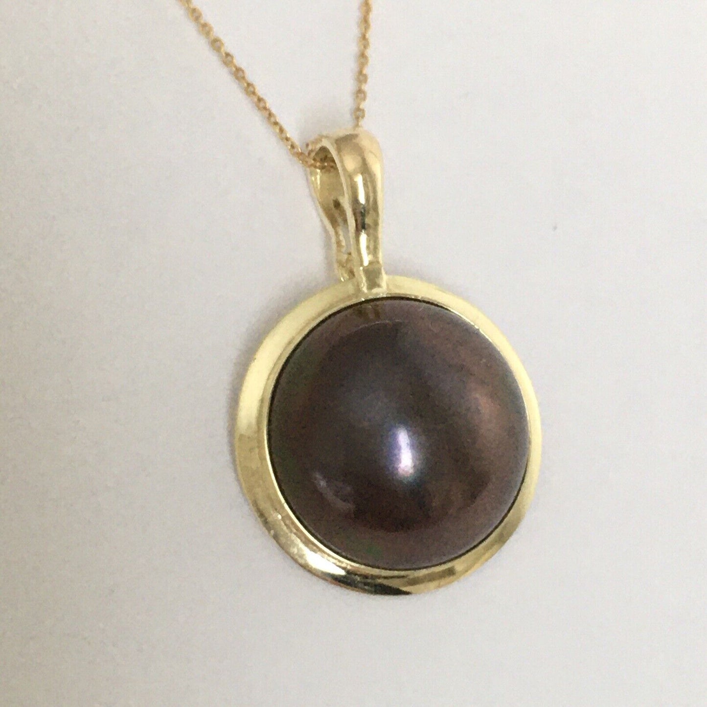 New 14k Solid Yellow Gold Y/G Natural Black Mabe Pearl Pendant 2.5g