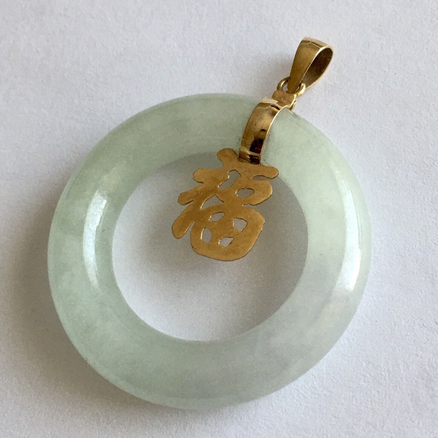 14k Real Yellow Gold Big Circle Natural Green Jade Pendant Lucky Happiness 10.8g