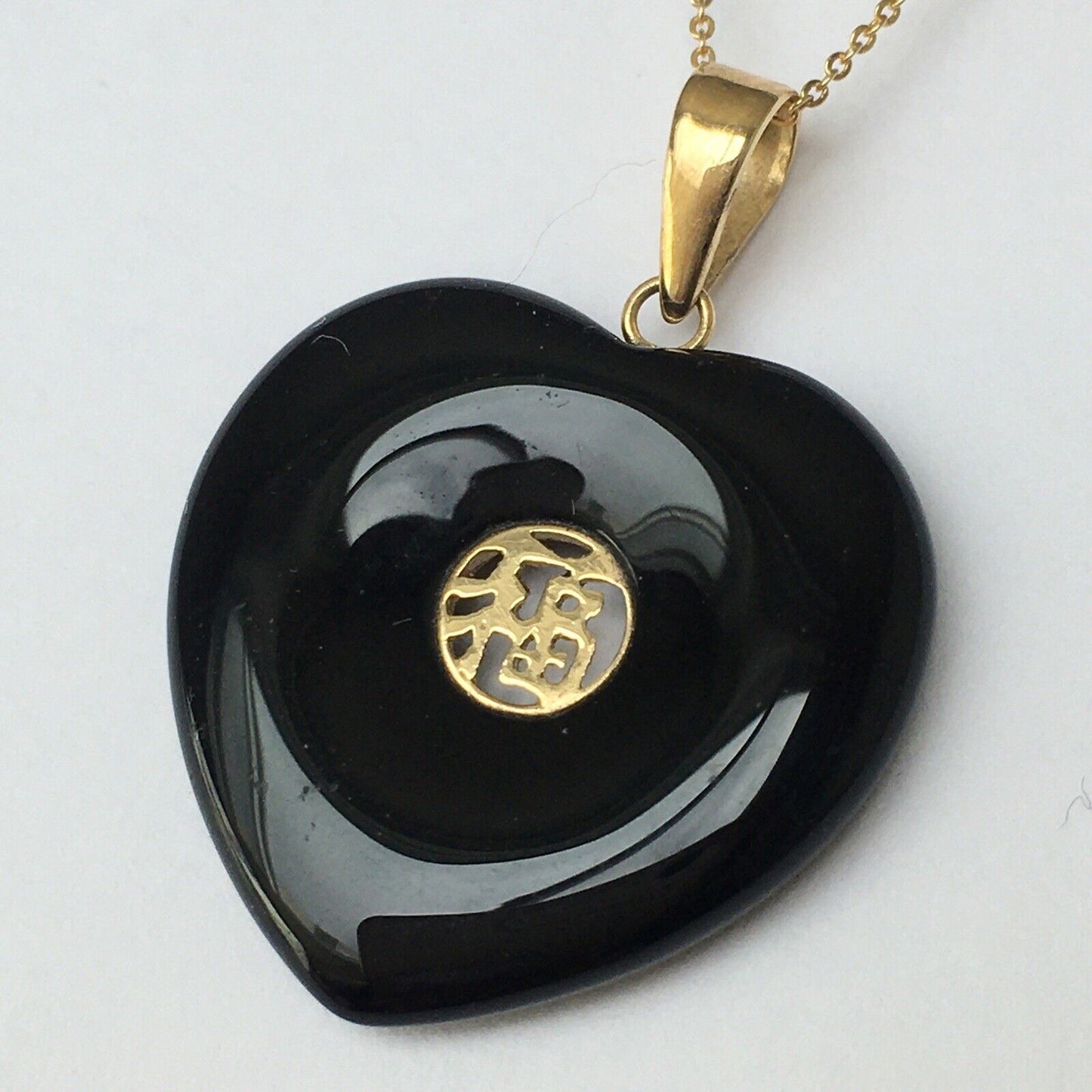 New 14k Solid Yellow Gold Black Onyx Love Heart Necklace Pendant Happiness 2.4g