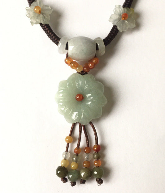 Macrame Handmade Genuine Carved Flower Jade Necklace adjustable 16~24”