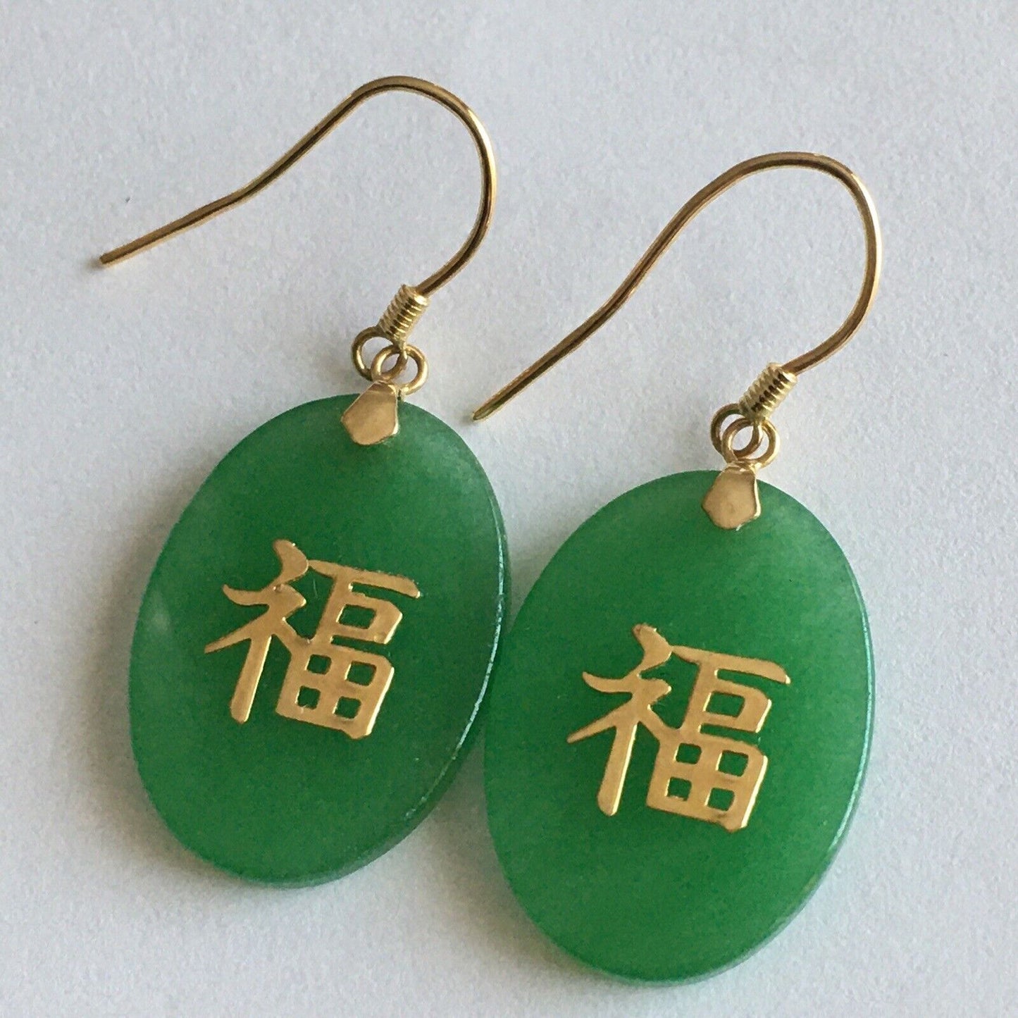 New 14k Solid Yellow Gold Natural Green Jade Earrings “Happiness” Good Luck 3.2g